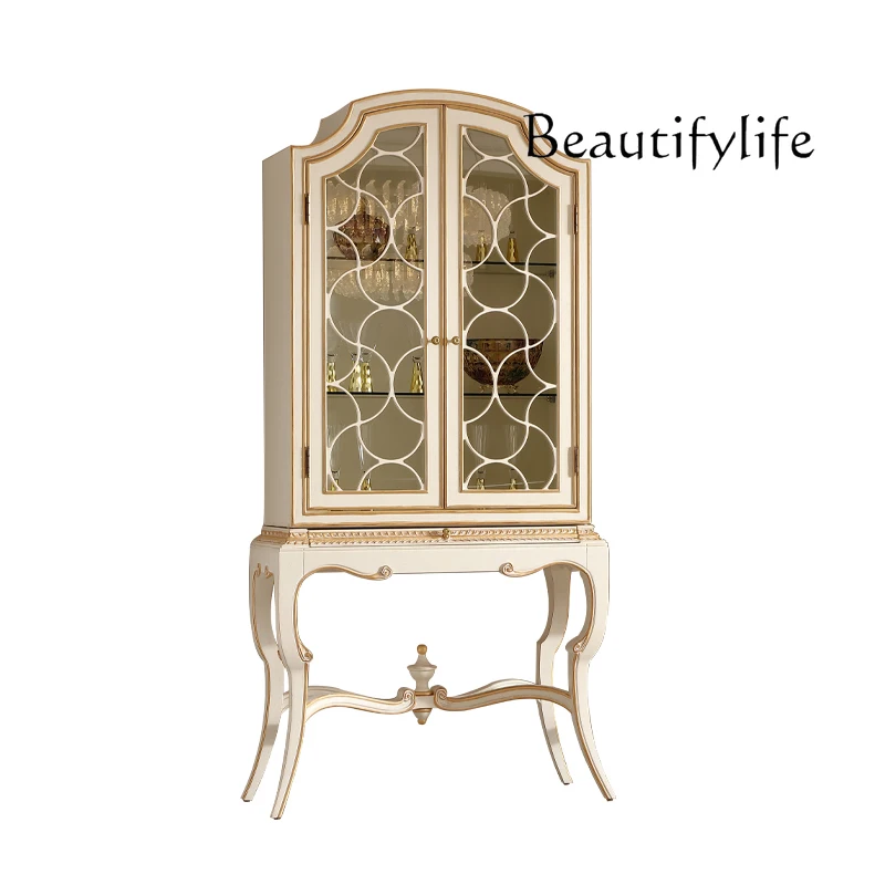 

French light luxury decorative cabinet solid wood gold foil display cabinet European glass wine flat villa side cabinet