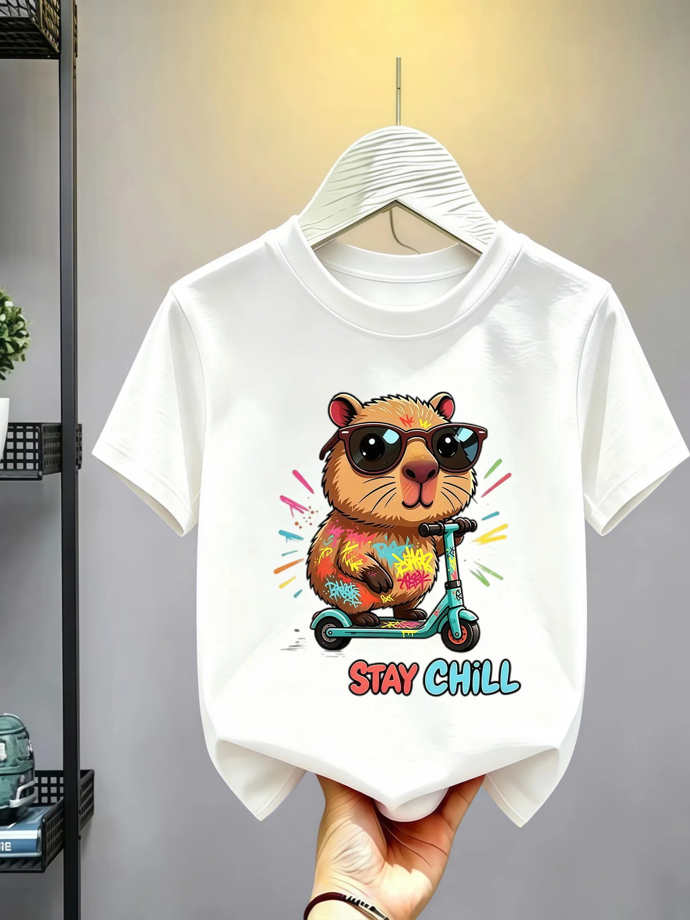 Stylish Graffiti Capybara Stay Chill Print Kids Cotton Short Sleeve Tee Soft Casual Summer Tops Child Comfort Outdoor Basic Wear