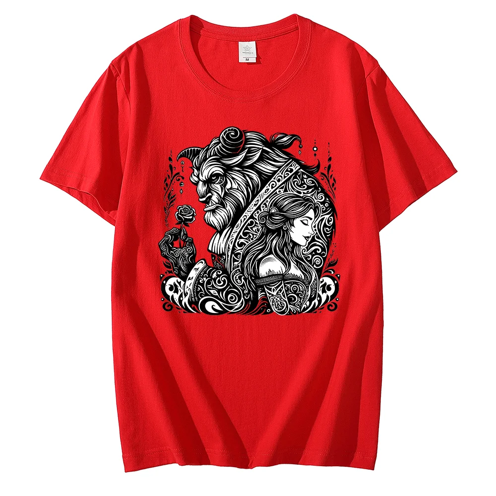 Disney Beauty and The Beast print T-shirt Leisure Sports Street Harajuku Couple Student T-shirt
