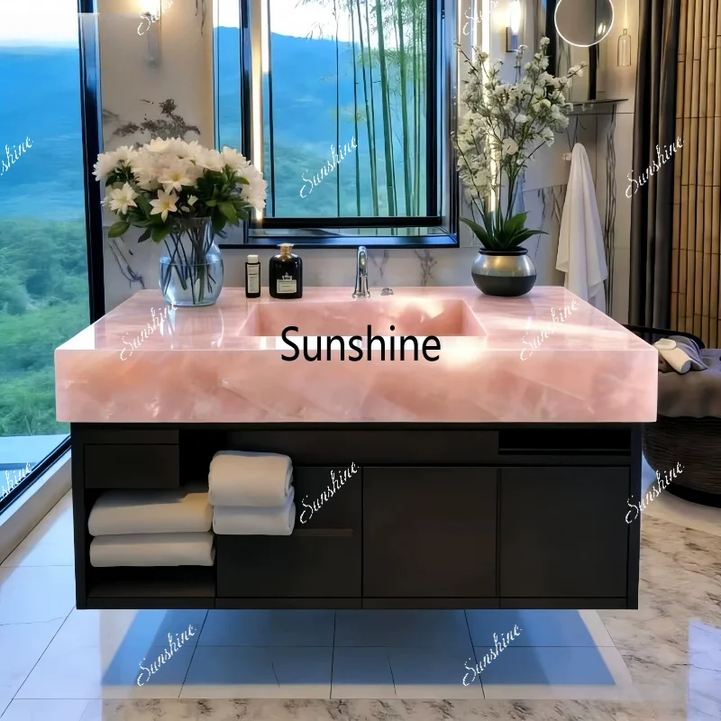 Light luxury, pink jade luxury stone bathroom hanging wash basin bathroom cabinet hotel homestay