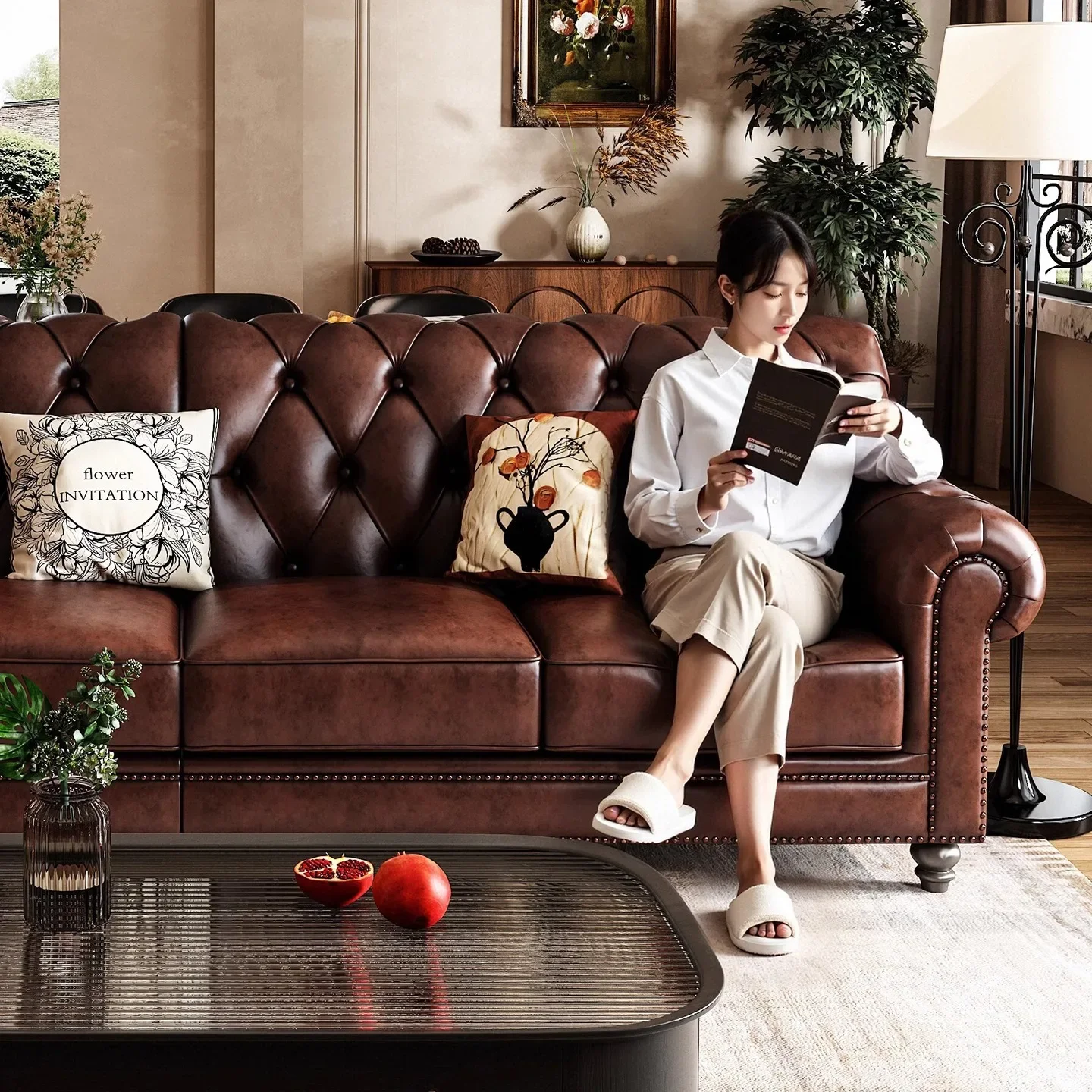 

American retro leather sofa living room French antique small apartment rural brown coffee oil wax leather three-person sofa