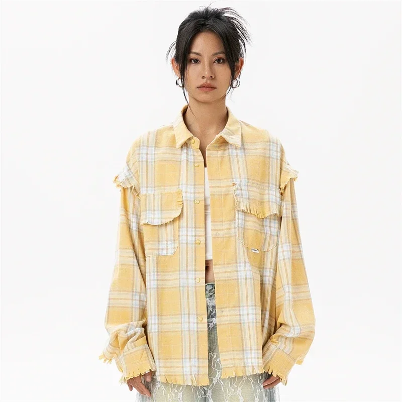 Elegant Women\'s Blouses 2024 Autumn 100 Cotton Yellow Plaid Shirts for Women Ladies Clothes in Offers Women\'s Long Sleeve Top