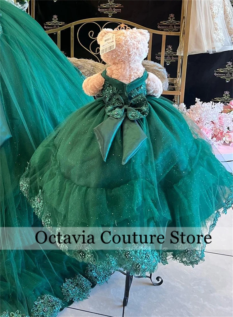 Green V N Bow Special Link For Personalized Quinceanera Teddy Bear Dresses Bead Appliques Quince Gift Tiered Robe de Customized