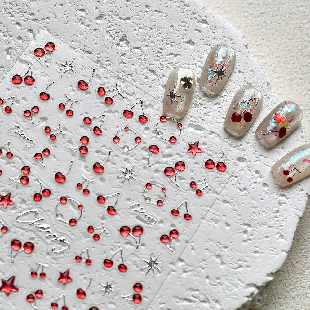 

Jelly Red Cherry Stars Silver Hot Stamped Cute 5D Self Adhesive Nail Art Sticker Lovely Fruits Strawberry Peach Manicure Decals
