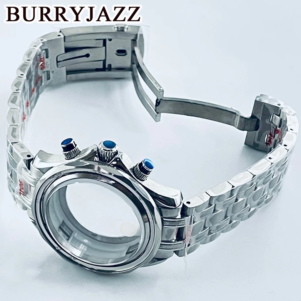 BURRYJAZZ 40Mm Seamaster 300 Casing Jam Tangan Cocok VK63 VK64 Multifungsi Kuarsa Chronograph Perak Casing Jam Tangan Kaca Safir
