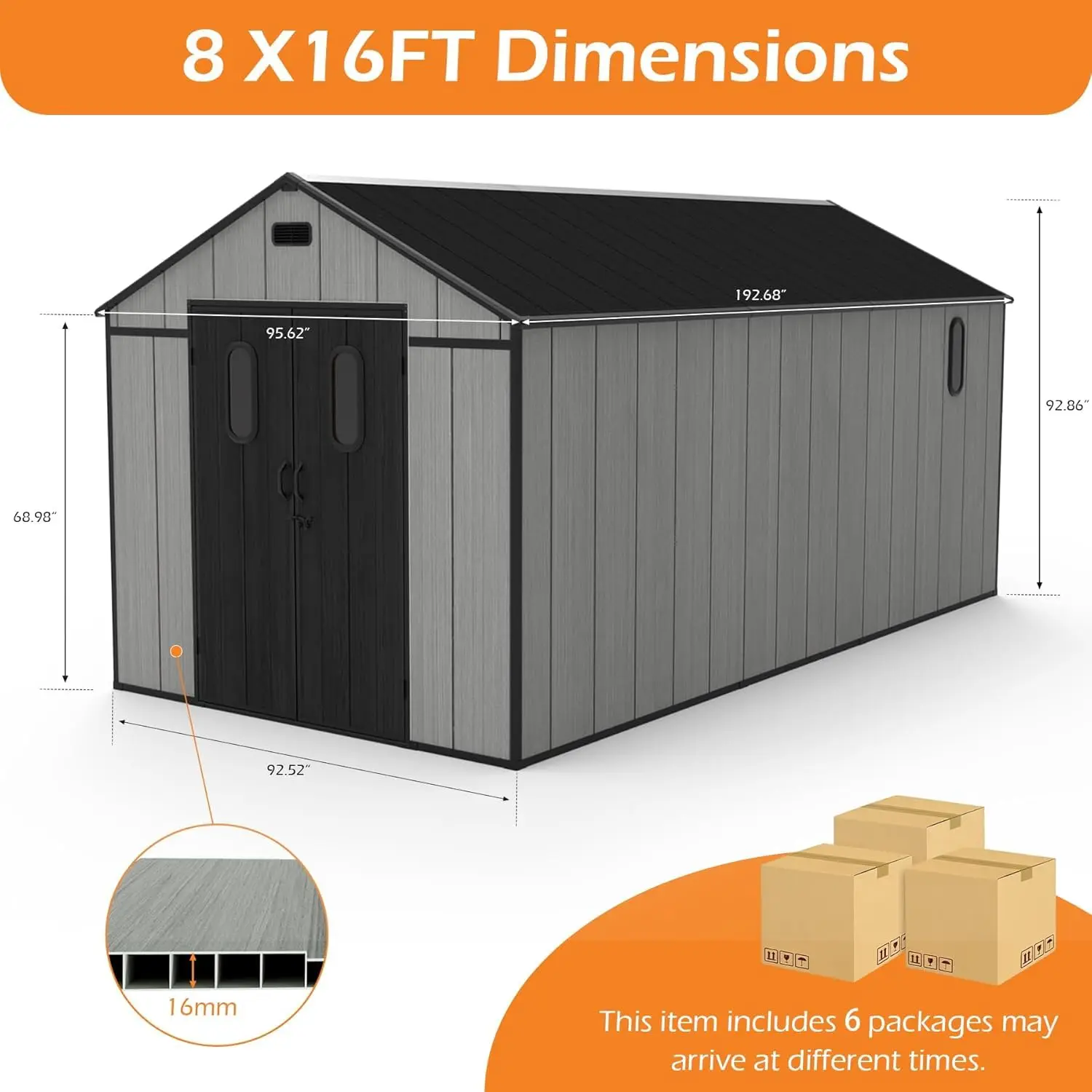 8x16 FT Resin Outdoor Storage Shed with Floor, Plastic Garden Shed, Customized
