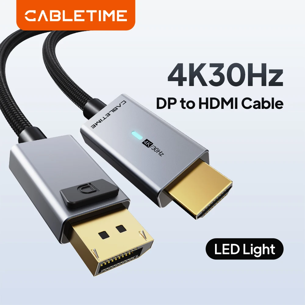 CABLETIME DisplayPort to HDMI 4K 30Hz Cable Converter DP1.2 High-Definition Multimedia Interface for HDTV Projector Laptop PC