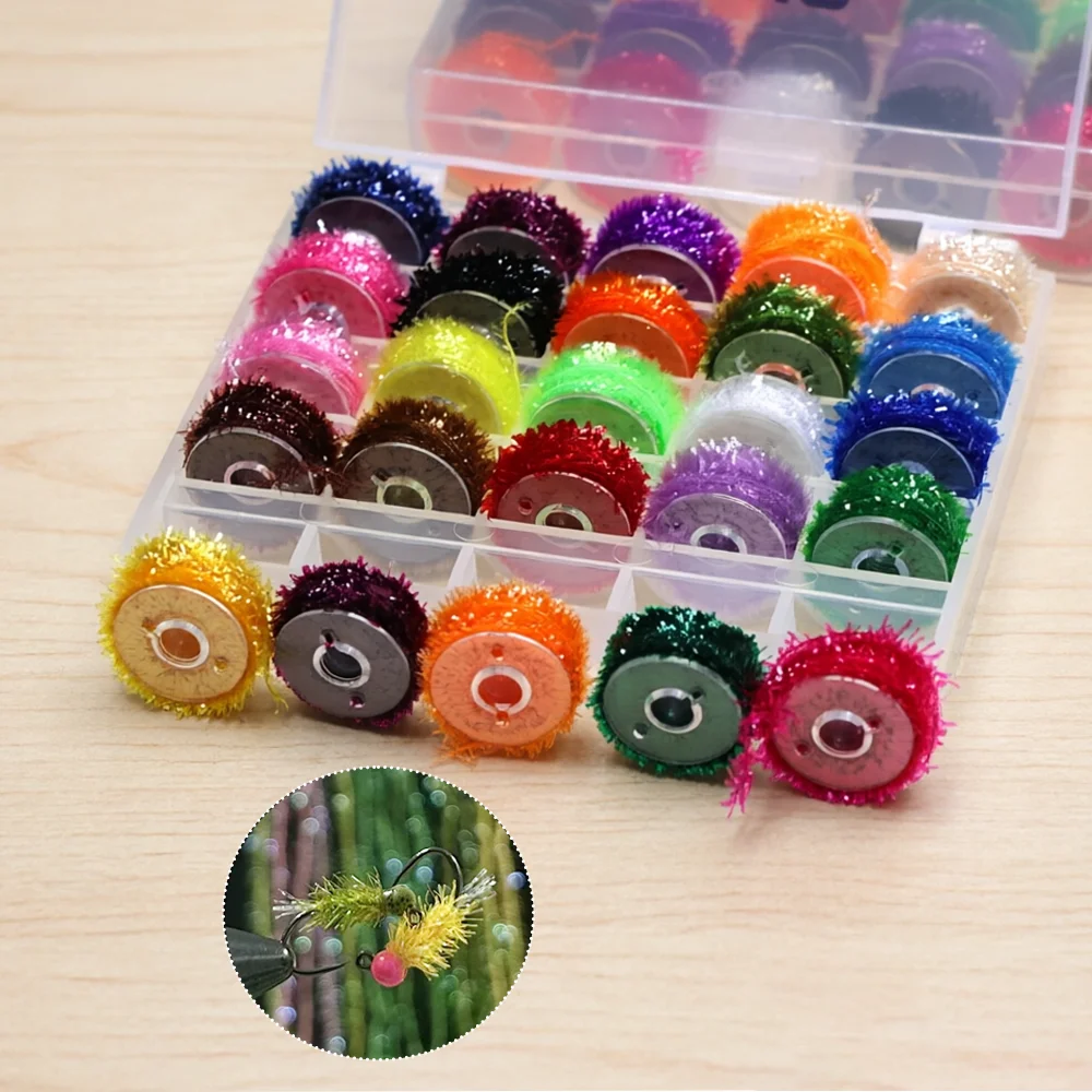 25pcs Random Colors Fly Tying Tinsel Chenille Kit Cactus Crystal Chenille Fly Tying Material for Jig Nymphs Streamer Flies