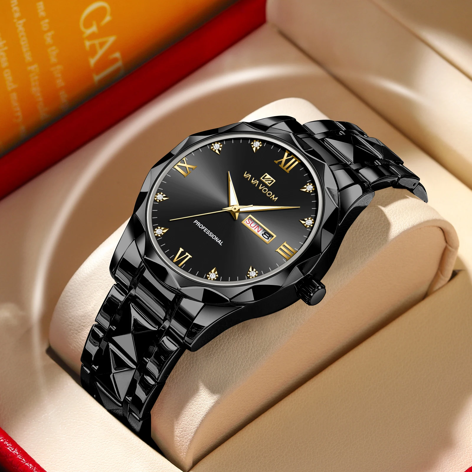 

Роскошные мужские часы со стразами, оригинальный дизайн, заклепки, кварцевый механизм из нержавеющей стали, синее золото, светящийся календарь, деловые часы для мужчин