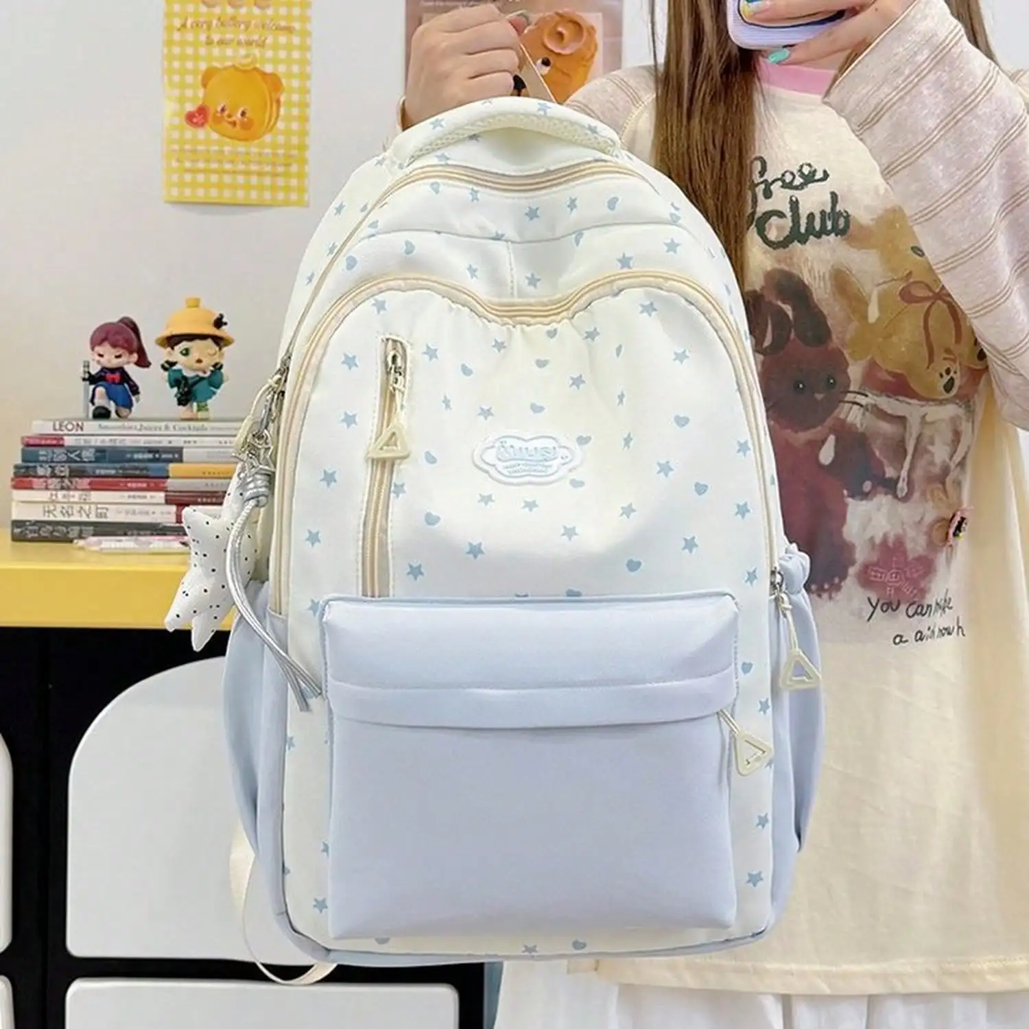 Pastel Star Print Color Block Backpack, Cloud Label Decor Large Capacity Lightweight Nylon School Bag, Multi Pocket Casual Travel Daypack Rucksack For Teen Girls Young Women ss260727160924978014216