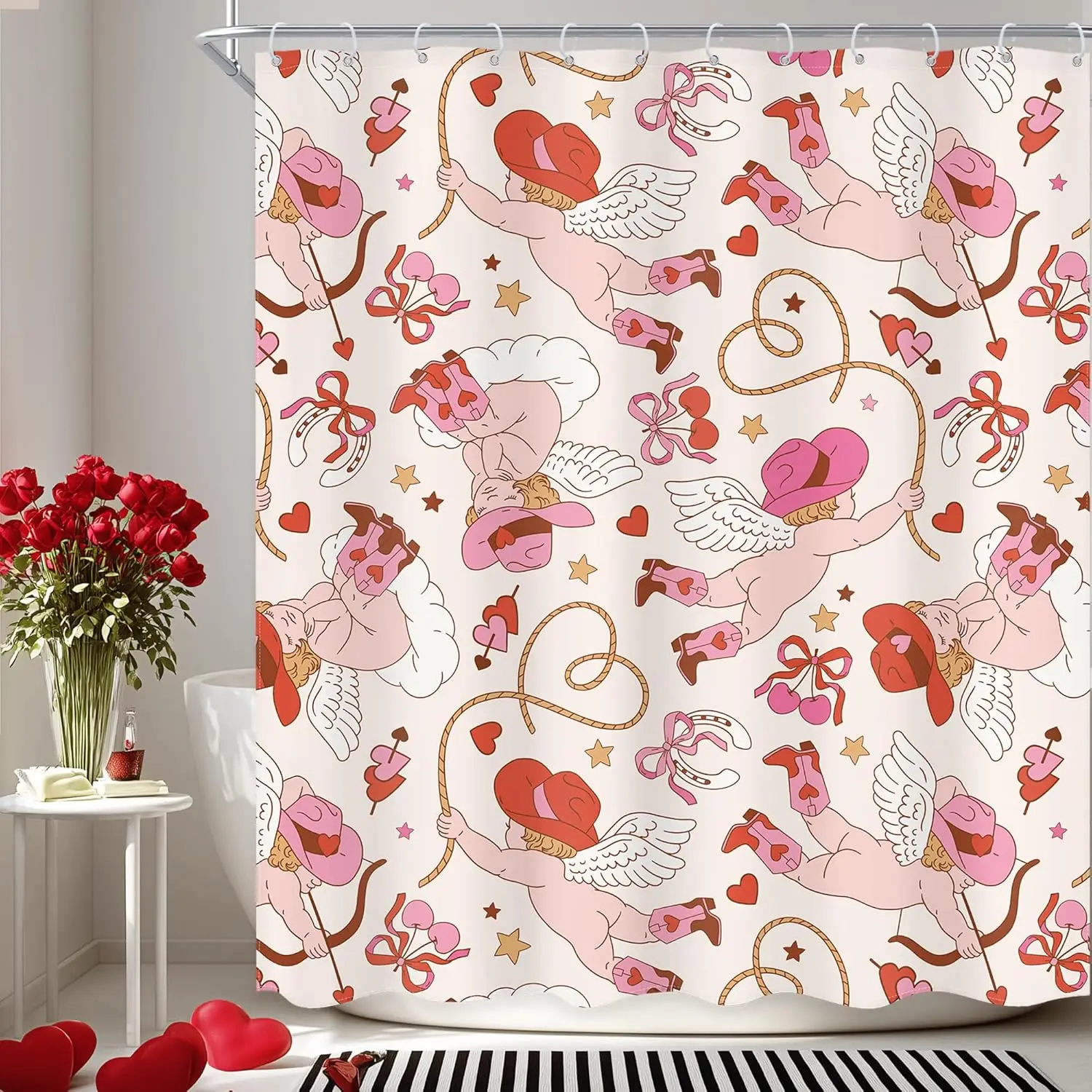 

Ковбойская занавеска для душа с изображением Купидона в розовой шляпе и с лассо для романтического декора ванной комнаты