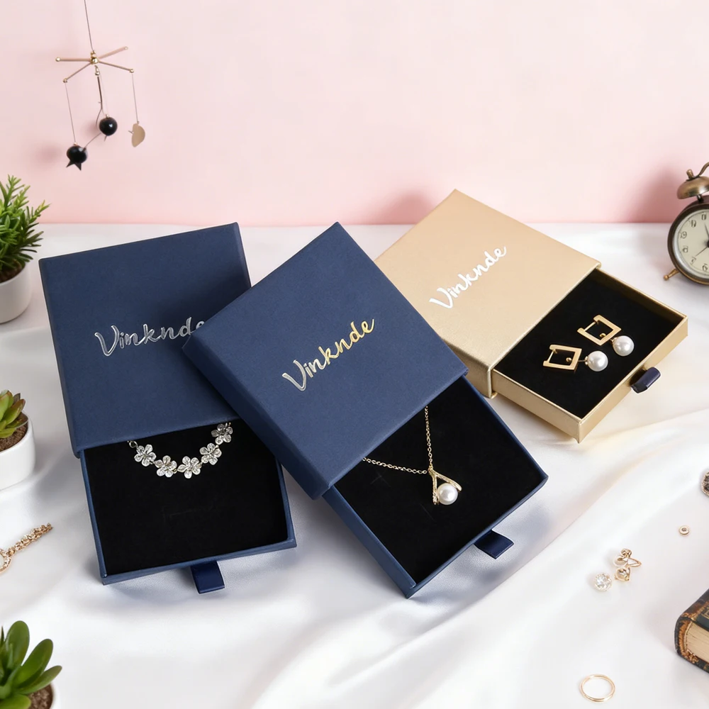 

24 шт. 9x9x1,7 см индивидуальный логотип темно-синяя картонная бумажная коробка раздвижной ящик серьги браслет кольцо ожерелье упаковка ювелирные изделия подарочные коробки