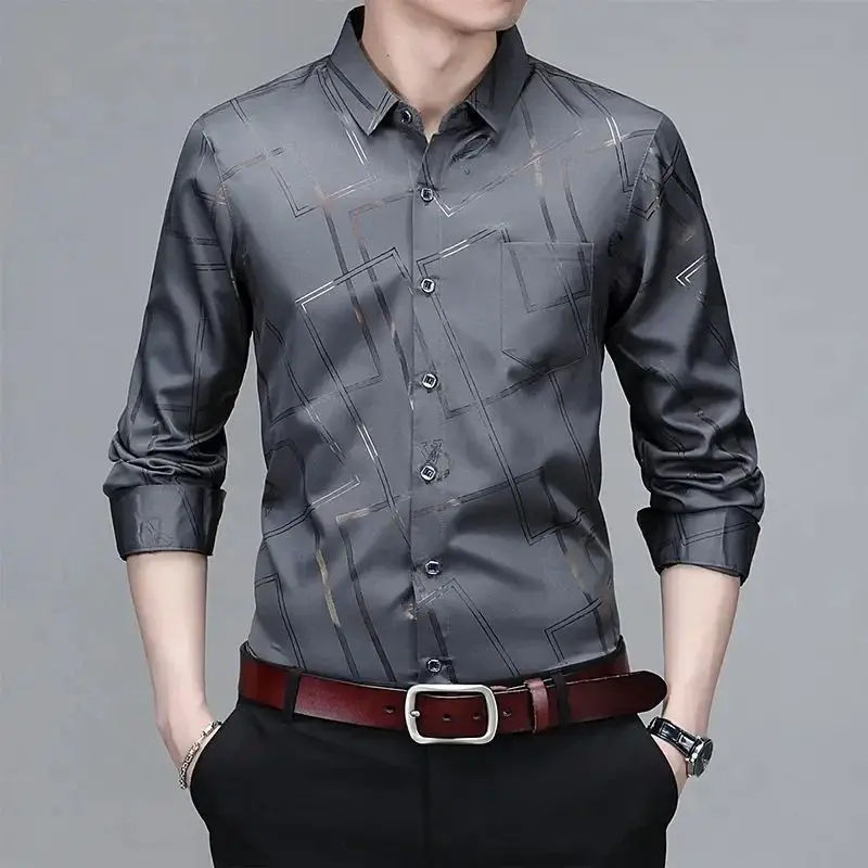 Men's Casual Fashionable Long Sved Printed Shirt Thickened Fleece Autumn  Collar Nine-Quarter Sleeve Special Wide Fit