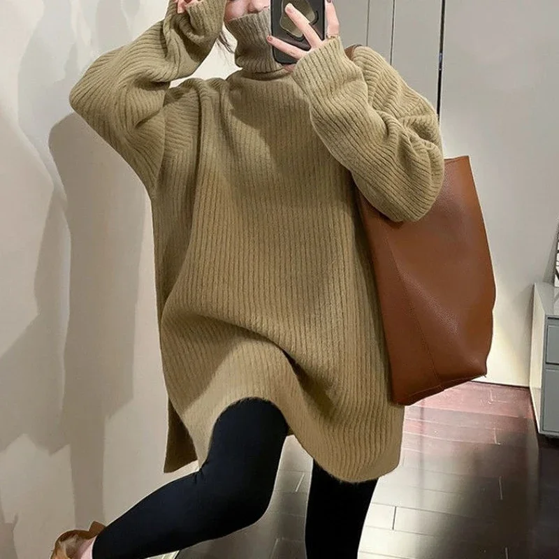 Women Simple Casual Oversized Turtleneck Knitted Sweater 2024 Autumn Winter Trendy Split Long Sleeve Pullover Tunic Tops Jumpers