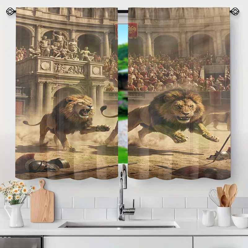 Grand Epic Lion Roaring Scene Window Curtain Drapes Classical Roman Style Theater Decor Home Accent Wall Panel