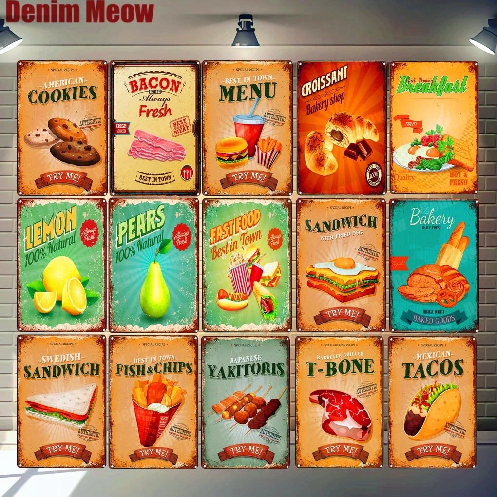 لوحة عتيقة من TACOS لحم الخنزير المقدد الطازج هوت دوج معدن القصدير تسجيل شريط المنزل مطعم جدار ديكور ريترو ساندويتش ملصق ديكور