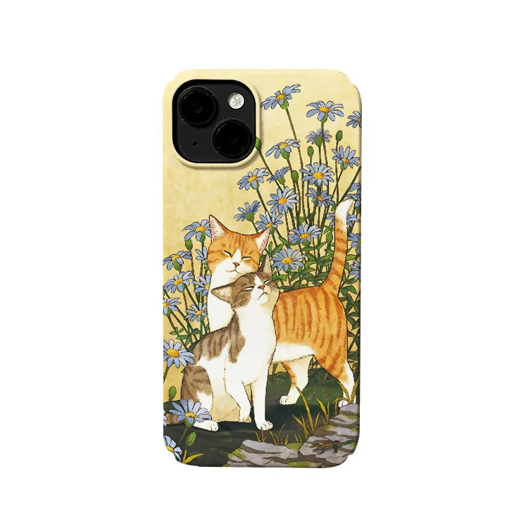 Korean Ins Spring Day Cat Flowers Case for IPhone 16 15 14 13 Pro Max 16 PLUS Back Phone Cover for 12 Mini 11 Pro Max XR XS Capa