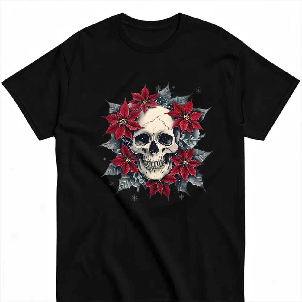 New Gothic Christmas Skull Poinsettia Graphic T‑Shirt Dark Xmas Red Poinsettia Flower Holly Leaf Snowfla