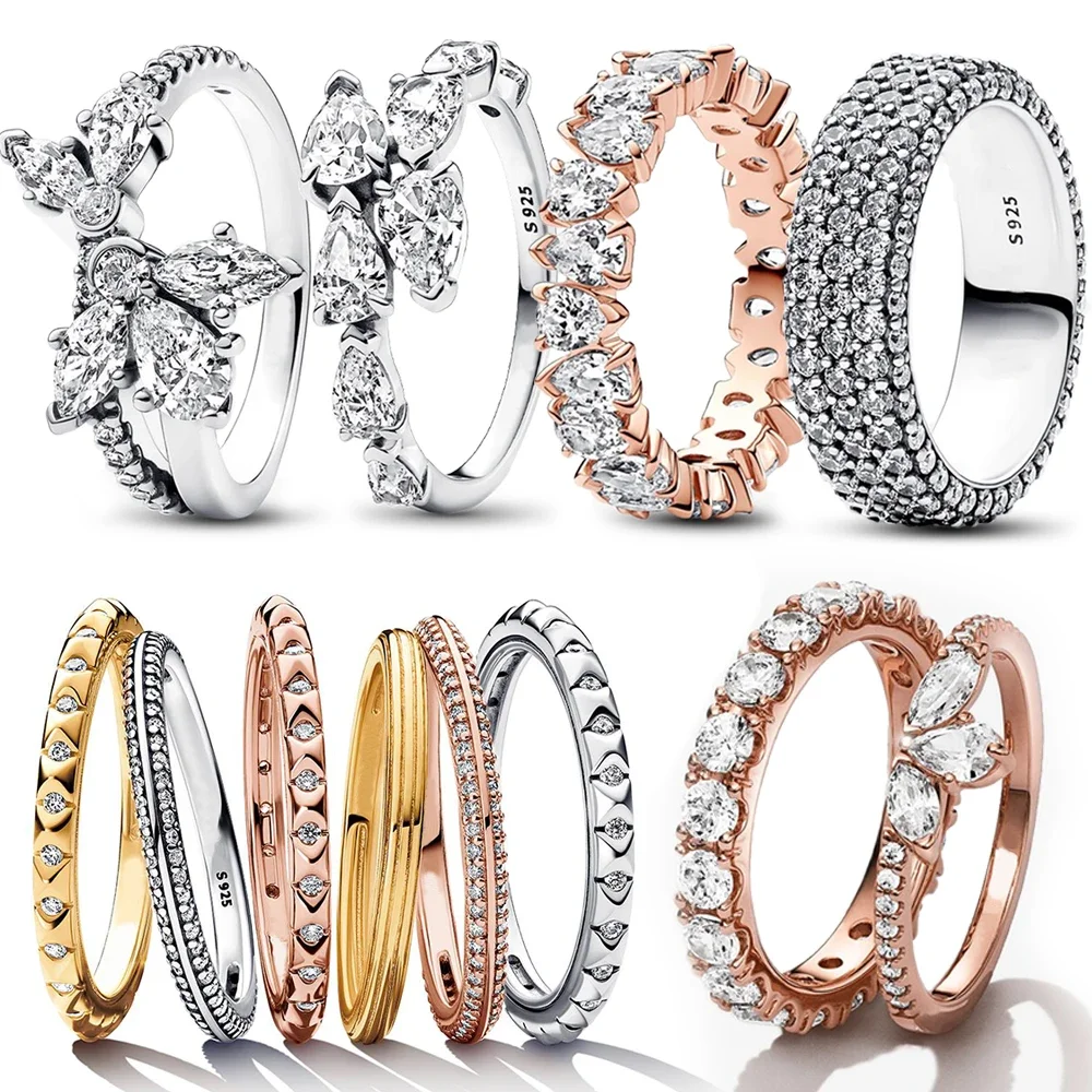 Sparkling Gold Moon and Star Ring Set 925 Sterling Silver Timeless Pavé Round Ring Vintage Finger Rings for Women Jewelry Gift