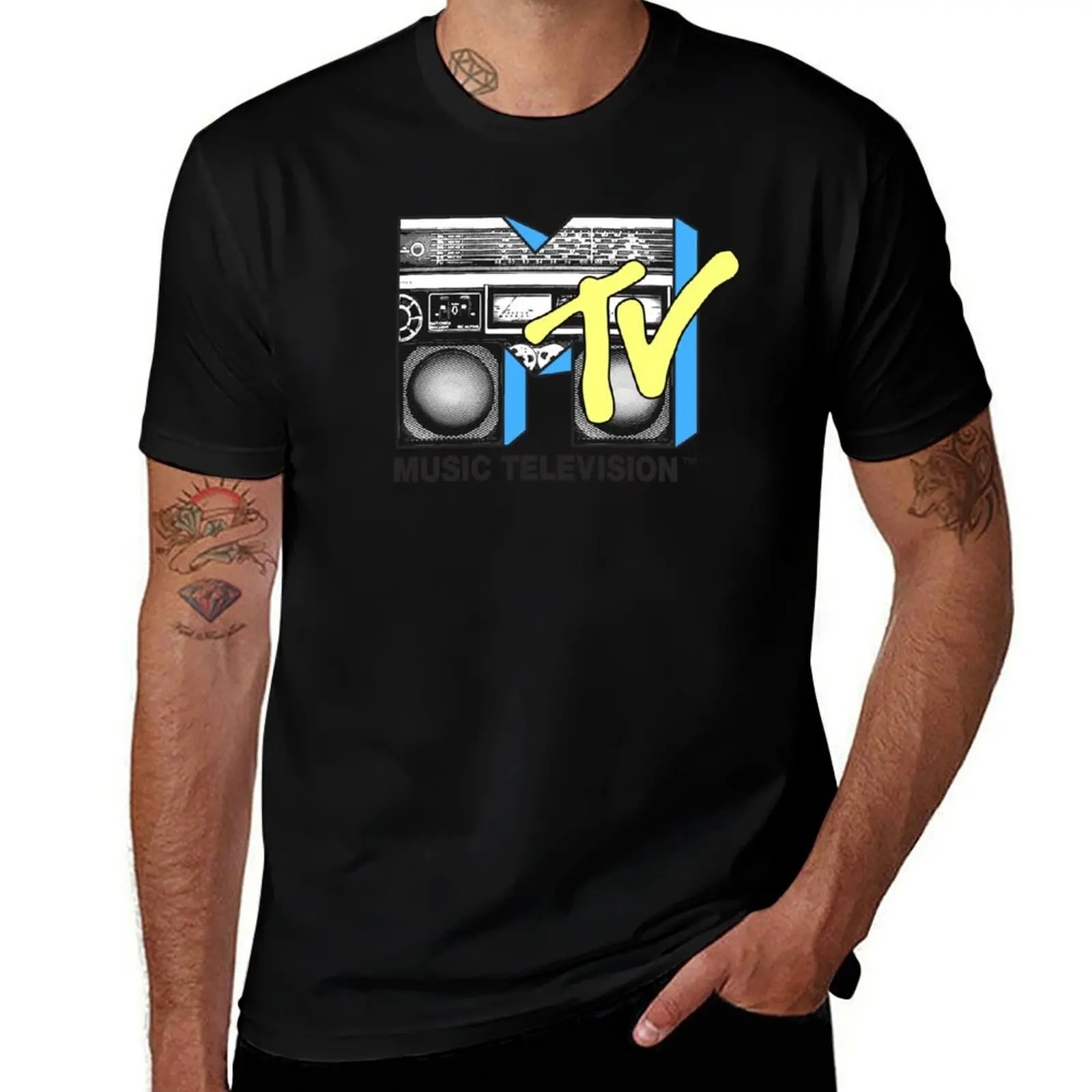 MTV Black And Yellow Boombox Logo Fill T-Shirt t shirts cotton 100% T-Shirt