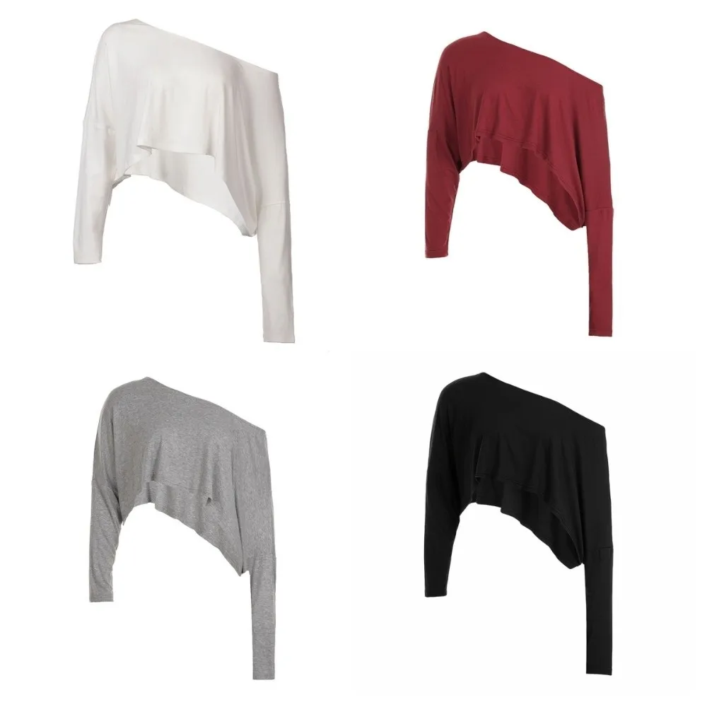 خارج الكتف المحاصيل الأعلى فضفاض تي شيرت طويل الأكمام قميص لون نقي قمة الموضة مثير المتضخم معطف حار الفتيات الشارع الشهير #4