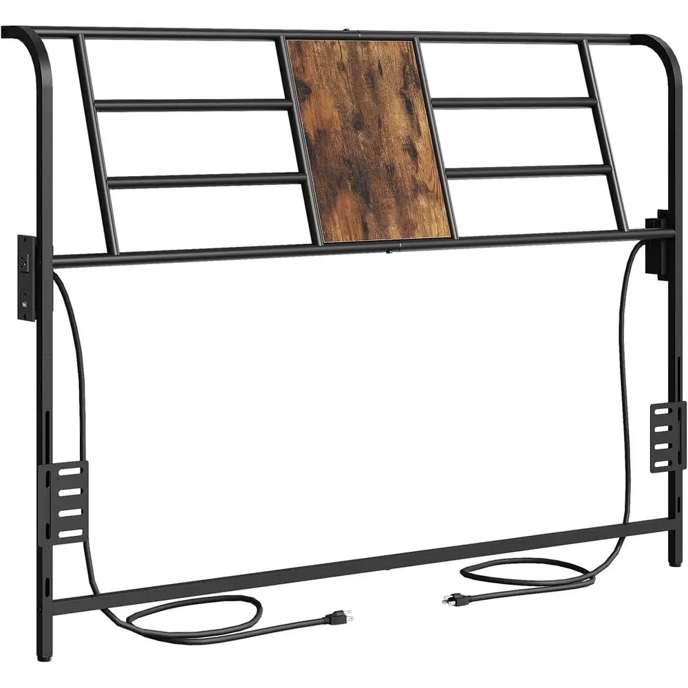 

King Size Metal Bed Frame with Power Strips, Reclining Backrest, Easy Assembly, Rustic Brown and Black Finish