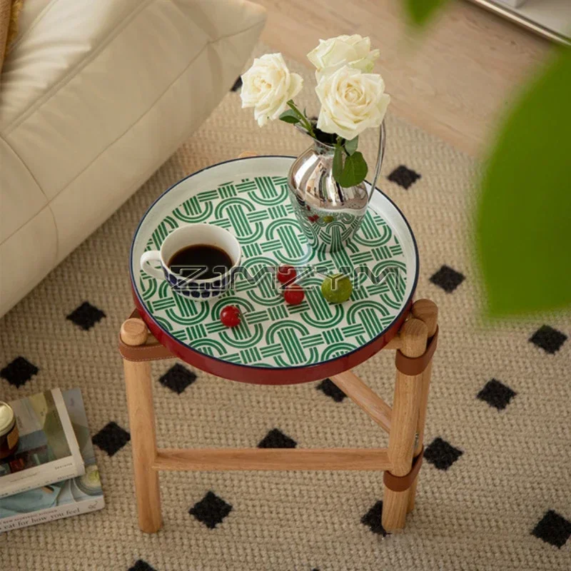 Round Side Table with 40cm Ceramic Tray, Wood Stand End Table for Small Spaces, Nightstand for Living Room, Bedroom