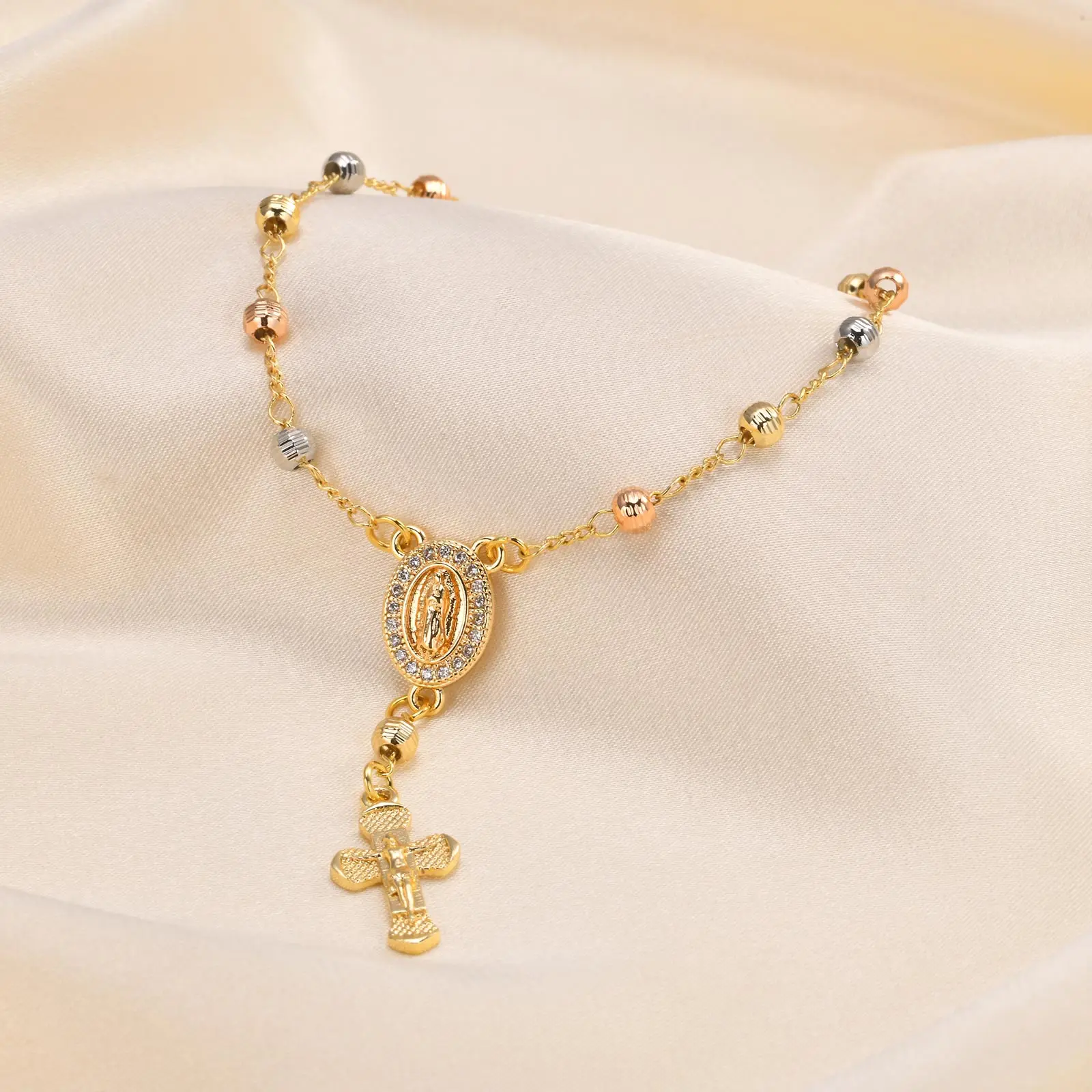 Virgin Mary Rosary Bead Cross Bracelet for Women, Tri-color Adjustable Chaiin Virgin of Guadalupe Bracelet Jewelry Gift