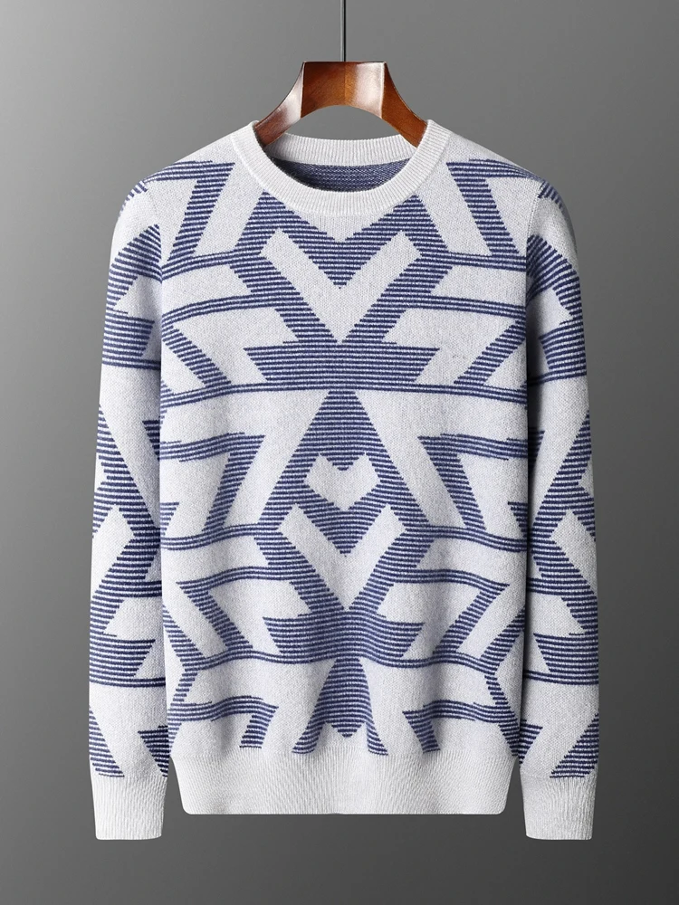 

TLOML New Men's 100% Cashmere Sweater Thick Jacquard O-Neck Pullover Autumn Winter Cashmere Knitwear Casual Soft Warm Comfy Tops