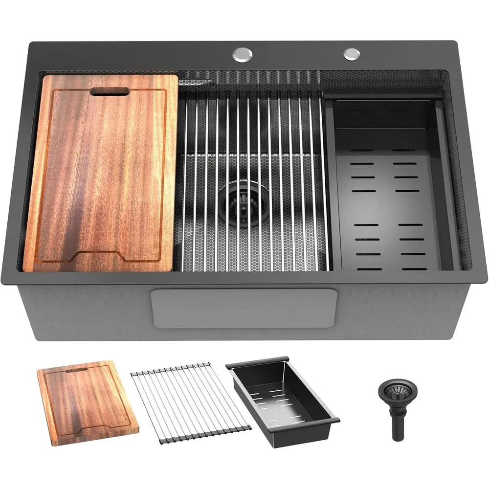 

Металлическая черная кухонная мойка 33 дюйма – 33x22x10, нержавеющая сталь 16G, рабочая поверхность с двойным уступом, одинарная чаша