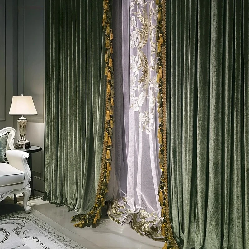 

Luxury Retro Dark Green Velvet Tassels Thickened Blackout Curtains for Living Room Bedroom French Window Villa