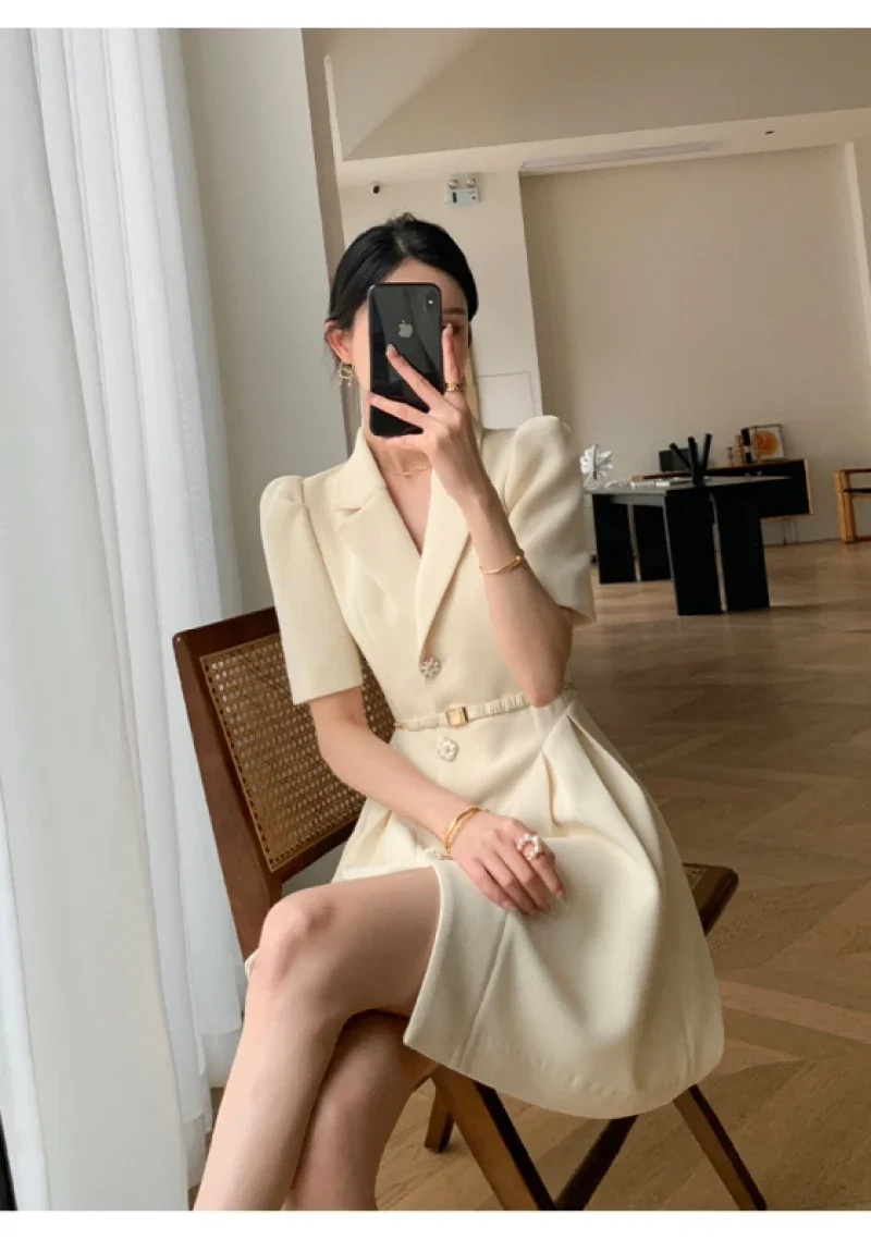 Elegant Notched Collar Suit Short Dresses for Women 2024 Summer New Short Sleeve Slim Waist Belted Single Breasted Female Dress