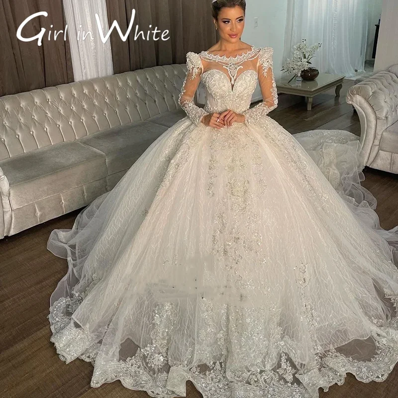 Klassisches rückenfreies Brautkleid mit O-Ausschnitt und langen Ärmeln, Applikation, Prinzessin, A-Linie, individueller Aufkleber, herzförmiges Strand-Brautkleid