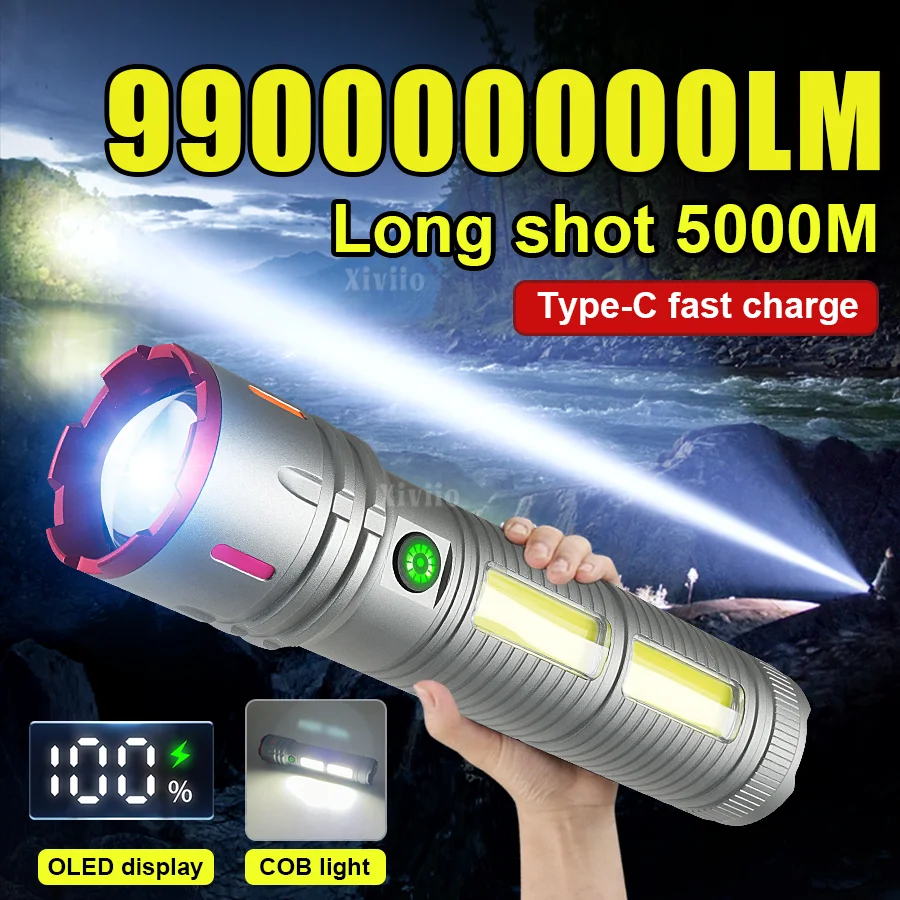 990000000LM High Power LED Flashlight USB Rechargeable Torch Waterproof Ultra Bright Flshlight Long Shot 5000M Camping Lantern