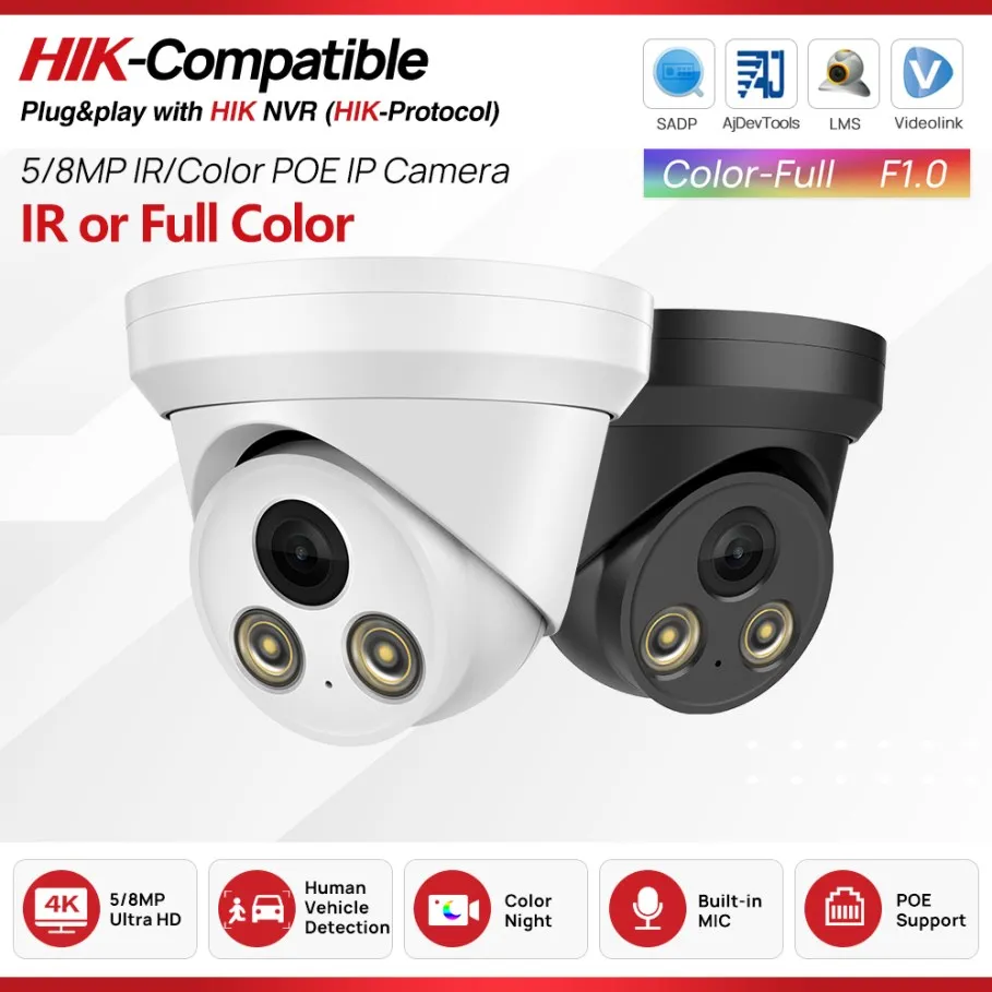 

Summer Sale Hikvision Compatible 8MP IP Camera PoE IR Full Color Night Vision 5MP CCTV Security Camera Plug&Play with HIK NVR