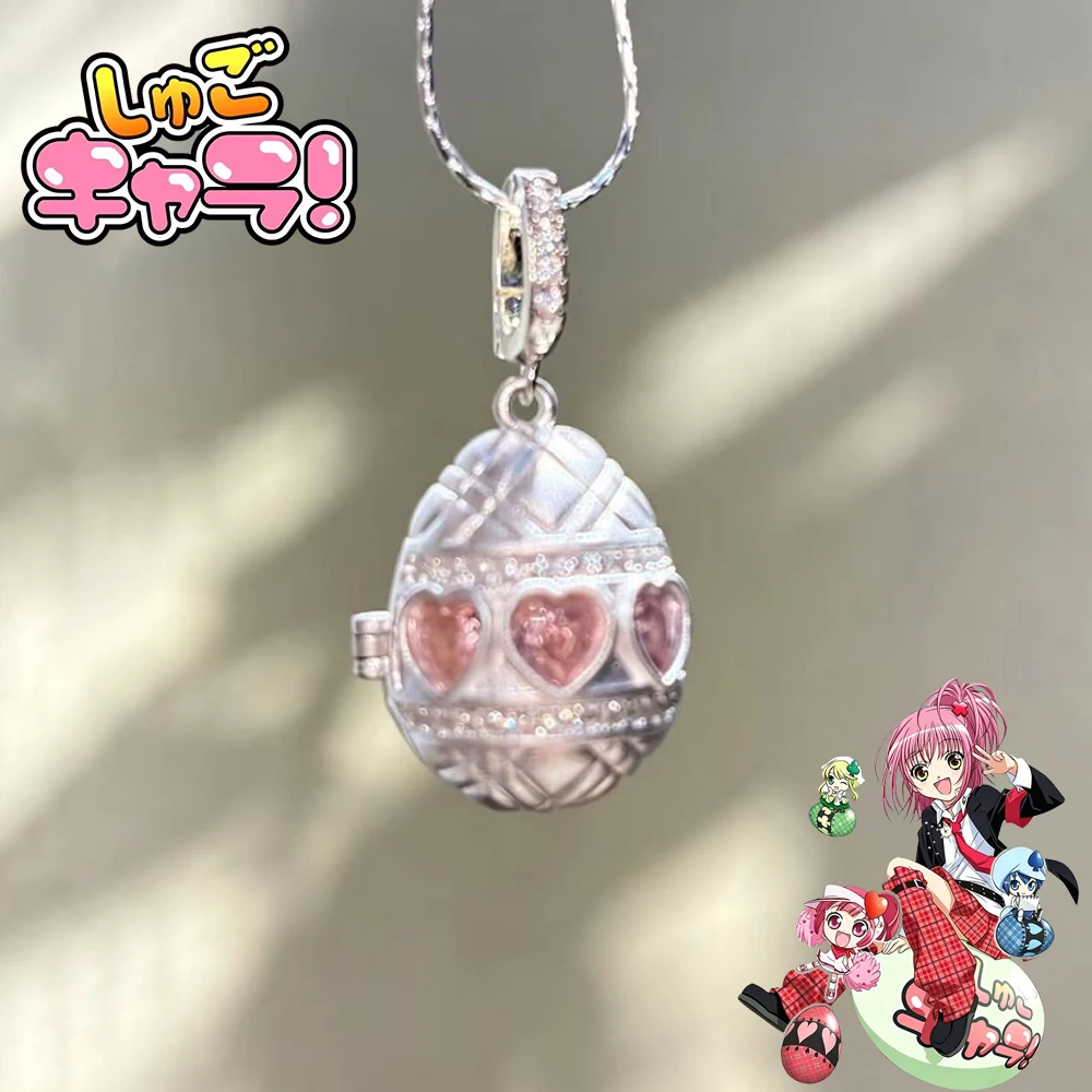 Anime Shugo Chara Hinamori Amu Cosplay Necklace Metal Choker Egg Pendant Pink Zircon Chain Unisex Jewelry Accessories Party Prop