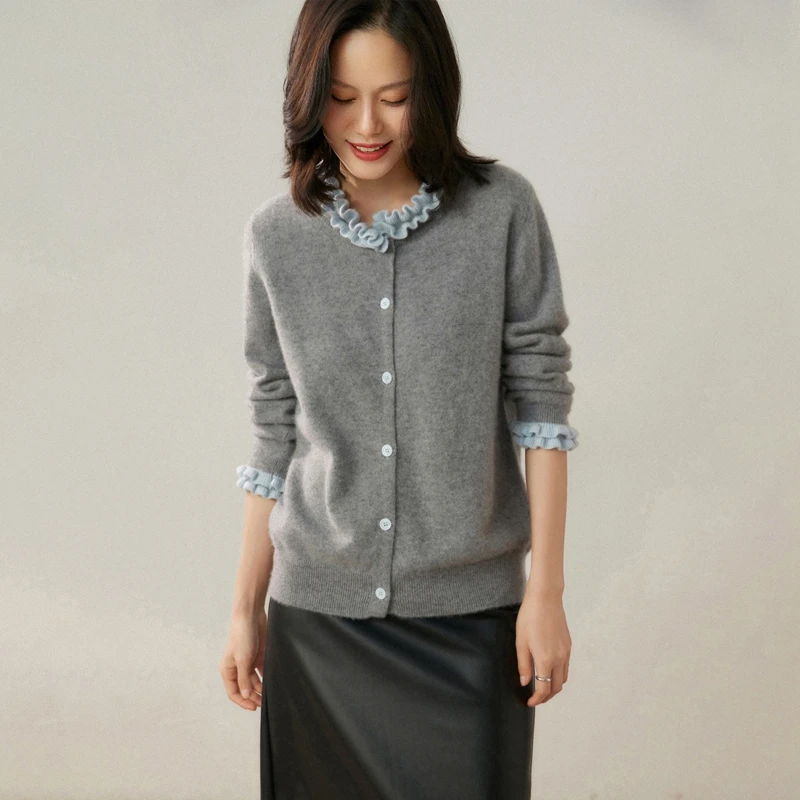 

Осень/зима, новый женский кардиган из 100% чистого кашемира, повседневный однотонный вязаный свитер, свободные кружевные топы с круглым вырезом, теплый джемпер