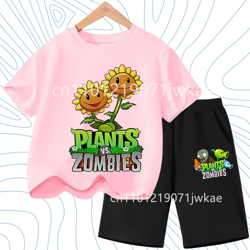 Kids Street Fashion Boys Girls T Shirt Set Plants Vs Zombies Cute Print 2026 Summer Casual Daily Wear 3-12 Age Shirt Suit