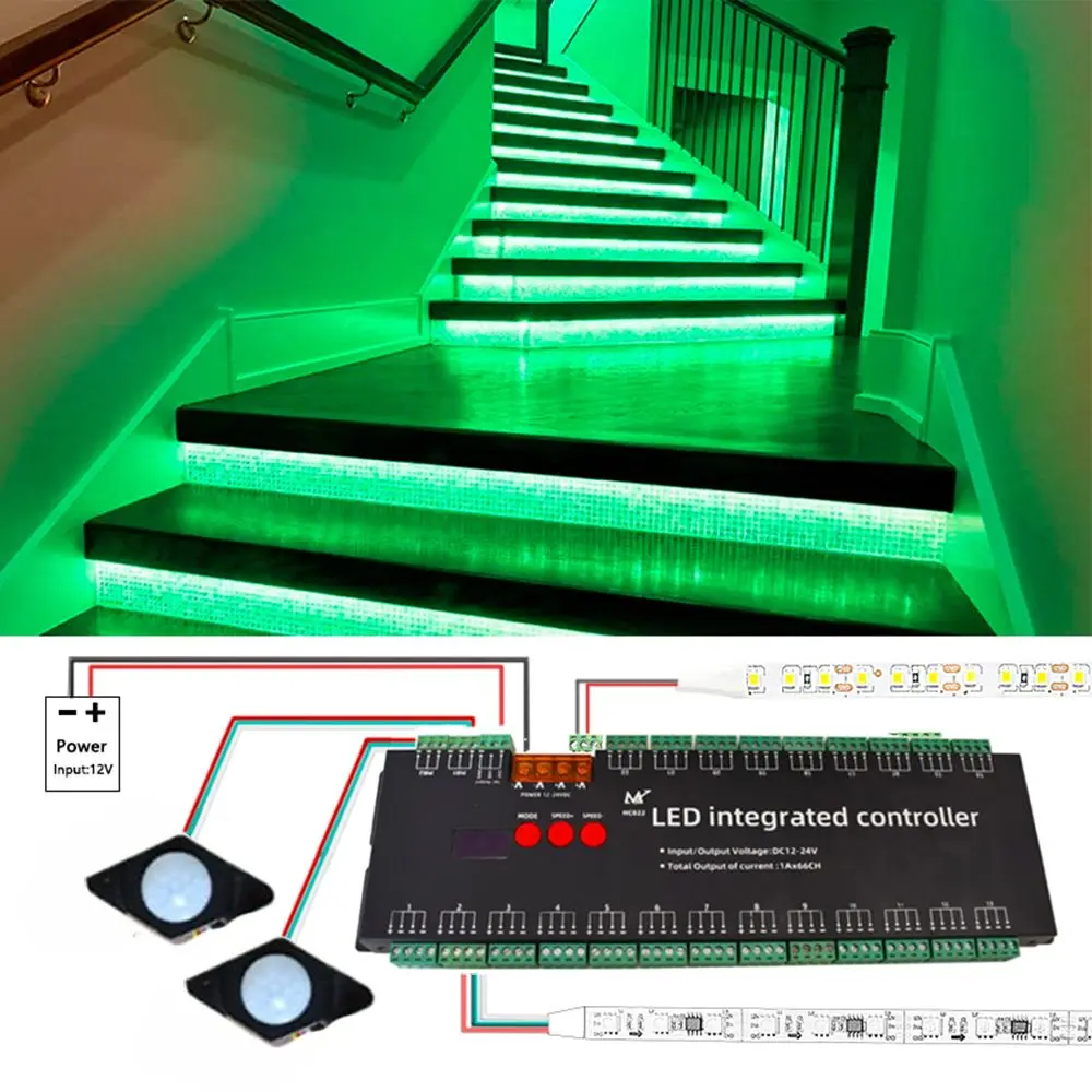 conduziu a luz de tira 22 canais pir infravermelho toque multi funcao controlador de inducao porta escada passo lampada correndo ws2811 ws2812 01