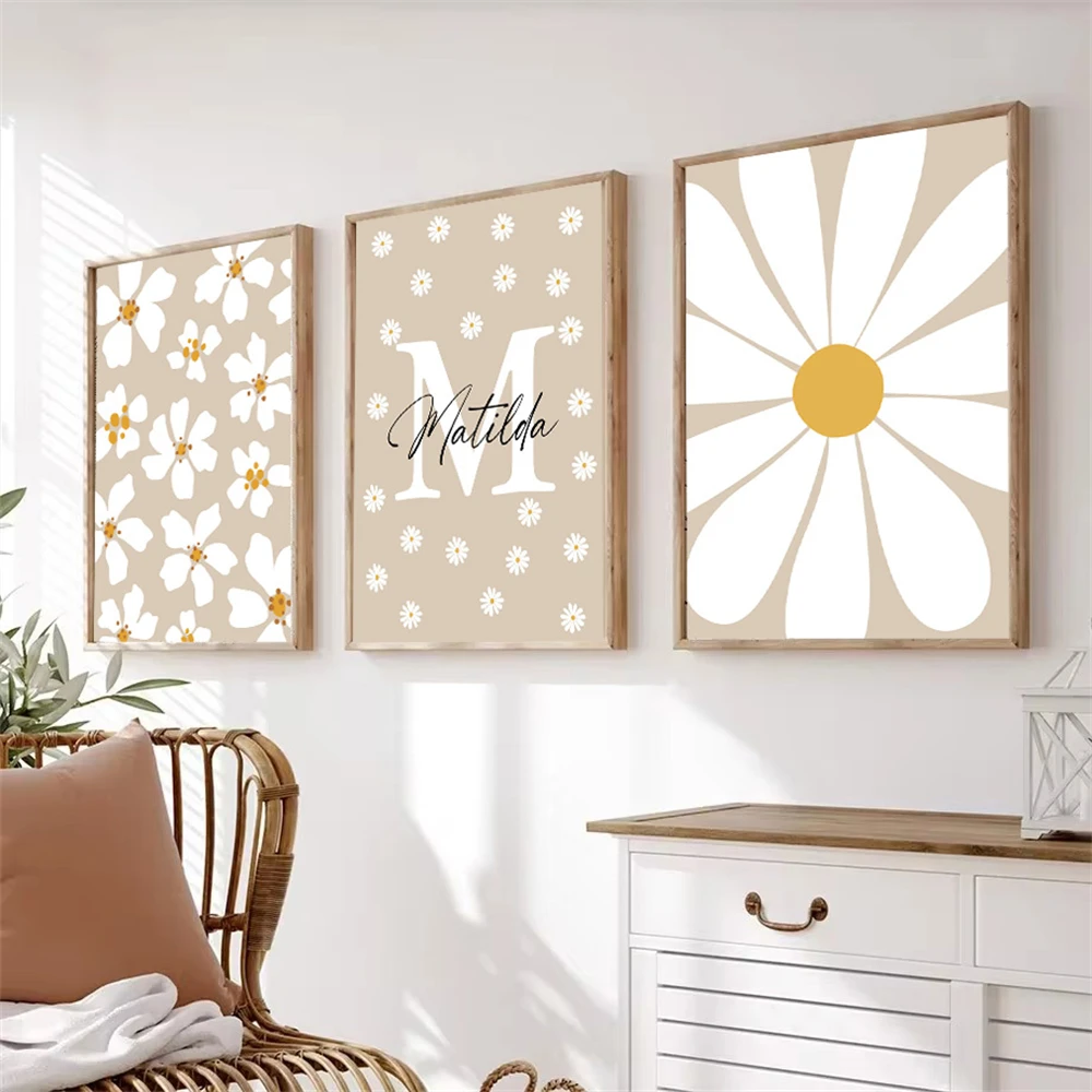 زهرة بيضاء ديزي ملصق الرسم على لوحات القماش الجدارية مخصصة اسم طباعة لوحات الشمال جدار صور غرفة نوم الاطفال ديكور المنزل