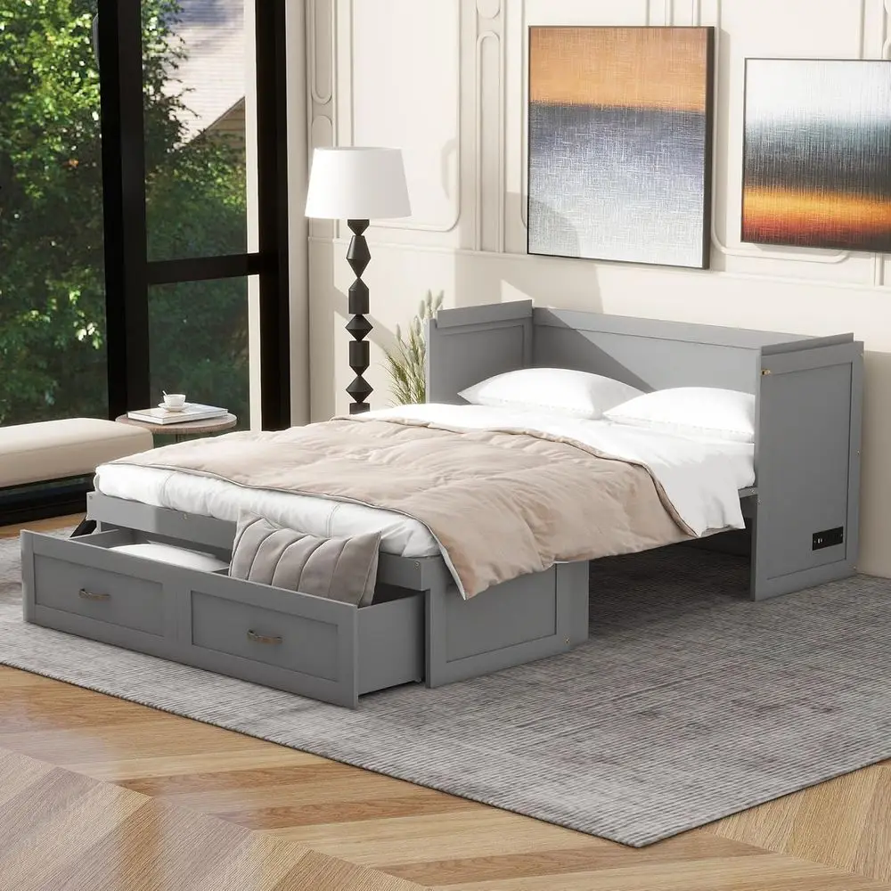Full Size Murphy Bed Wall Bed, Chest Cube Cabinet Bed with USB Charging Station and Large Storage for Home Office - Gray view 3