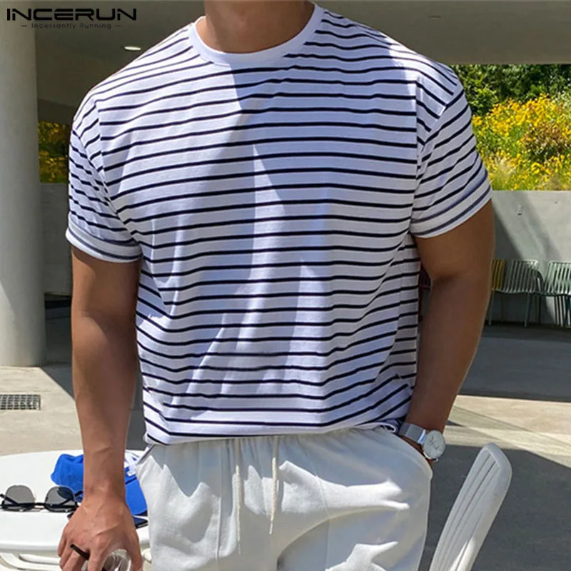 Casual Simple Style Tops INCERUN Men\'s O-neck Striped Shoulder Loose T-shirts Handsome Male Elastic Short Sleeved Camiseta S-5XL