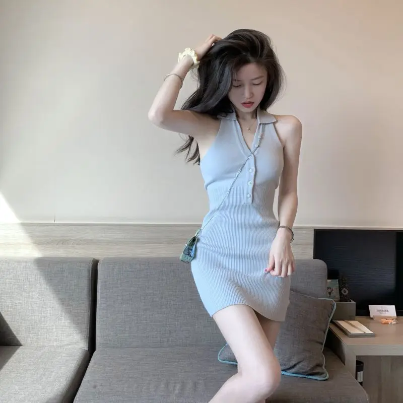 Korean Style Chic V-neck Vacation Dresses Women Summer Vintage Simple Solid Sweet Slim Backless Knitted Dress