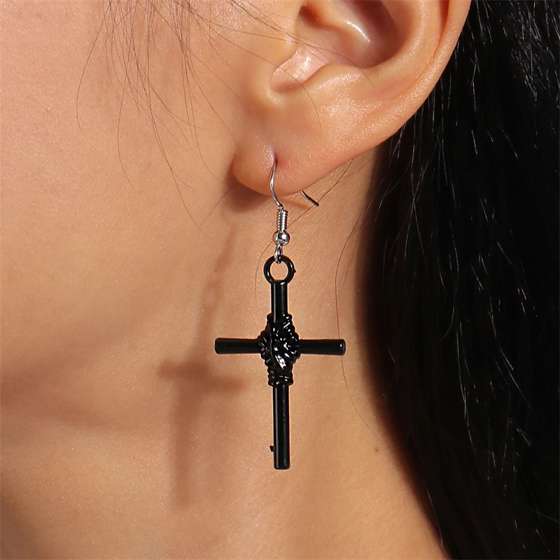 Neue Schwarze Kreuz Tropfen Ohrringe für Frauen Gothic Metall Kreuz Baumeln Haken Ohrringe Mädchen Partei Schmuck Zubehör – Detail 16