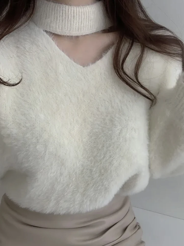 

Loose ort Korean Sle Women's Knitted Sweater V-Ne Imitation Mink Vest Top White Slimming Lazy Autumn Winter Faion