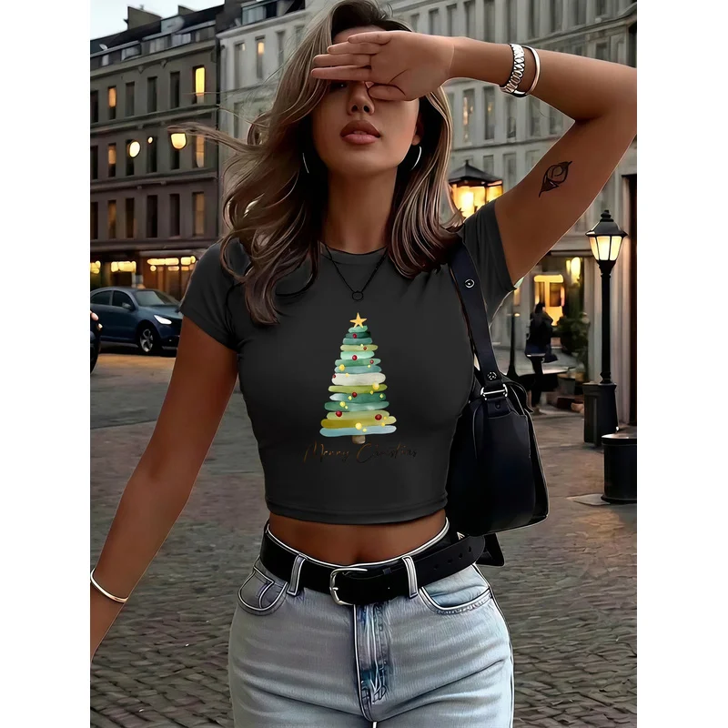 Holiday Women Crop Top Watercolor Tree Element Print Short Sleeve Party Slim Tee