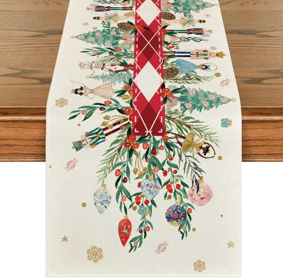 Christmas Nutcracker Floral Holly Linen Table Runners Dresser Scarf Decor Washable Kitchen Dining Table Runners Party Supplies