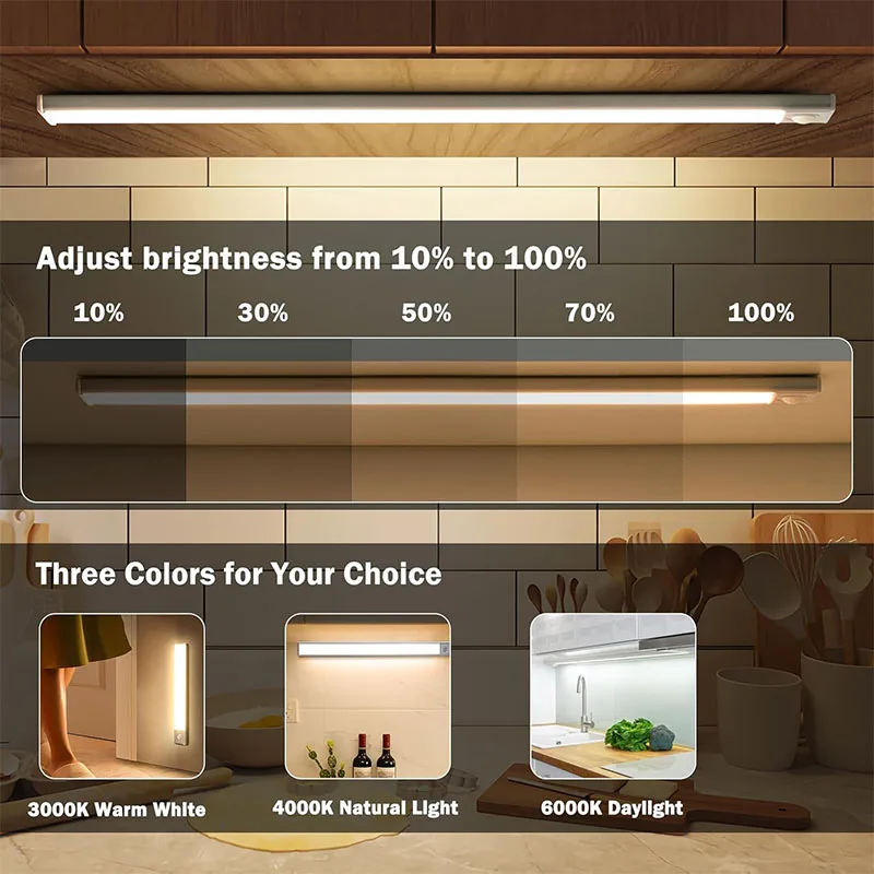 LED Motion Sensor Light Under Counter Lighting Wireless USB Rechargeable Kitchen Night Lights Magnetic 3-Colors Bedroom Lighting