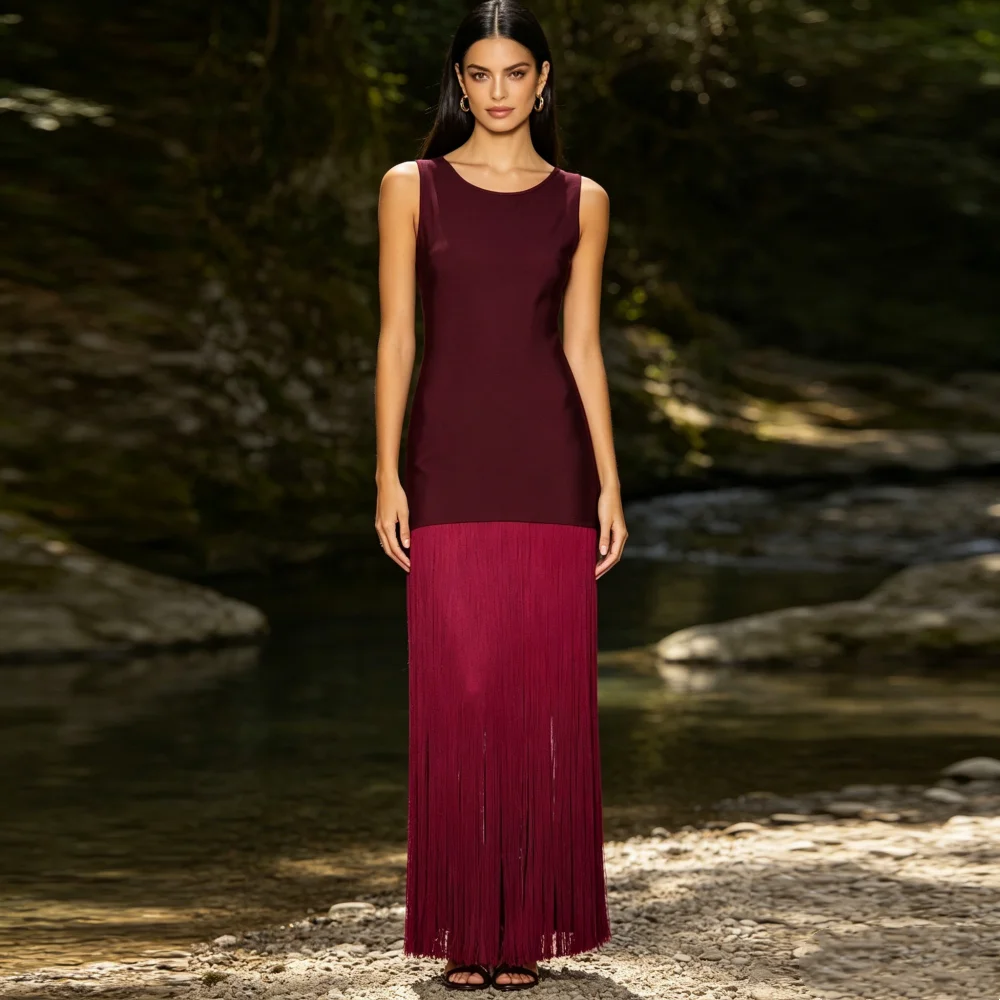 

Customized Formal Evening Fringe Temperament O-Neck Straight Midi Dresses Bespoke Occasion Homecoming Party Gown