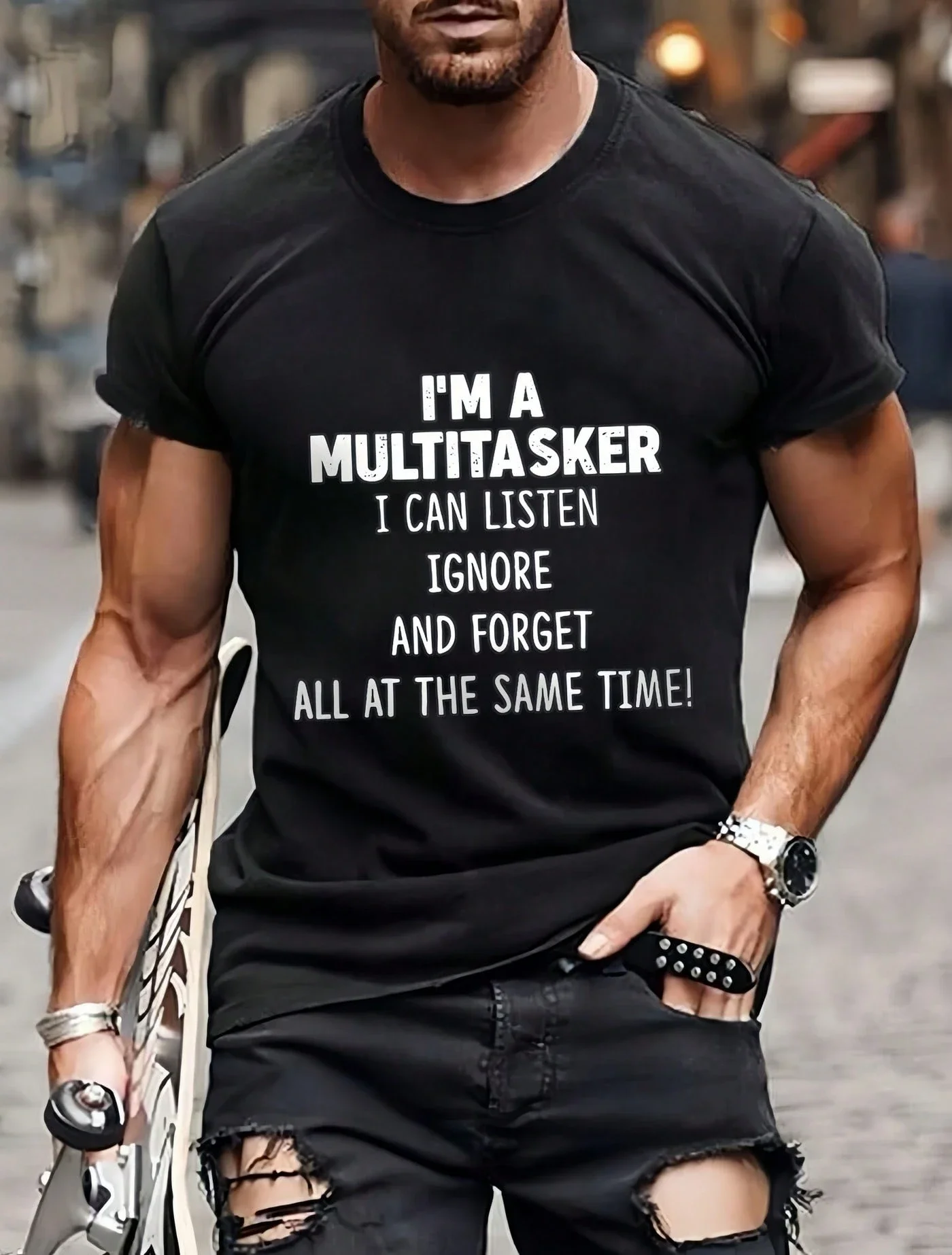 1Pc Man's Funny Multitasker Quote Print Black T-Shirt Crew Neck Casual Cotton Tee Medium Stretch Knit Fabric For Boys Man Gift